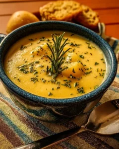 Bowl of Cheddar Garlic Herb Potato Soup garnished with herbs
