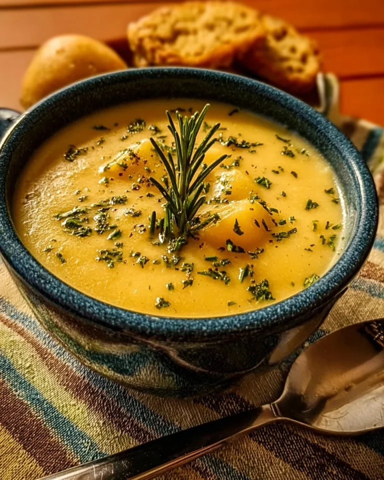 Bowl of Cheddar Garlic Herb Potato Soup garnished with herbs