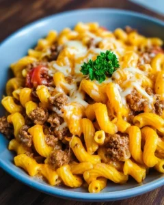 Delicious cheeseburger pasta topped with cheese and fresh ingredients