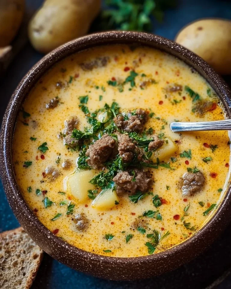 Delicious cheesy beef potato soup in a bowl, perfect for a cozy meal