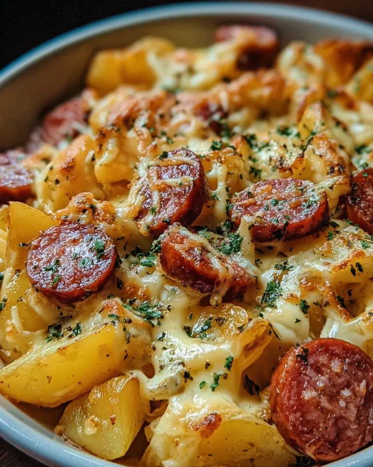 Cheesy ranch potatoes served with smoked sausage, a delicious comfort food dish.