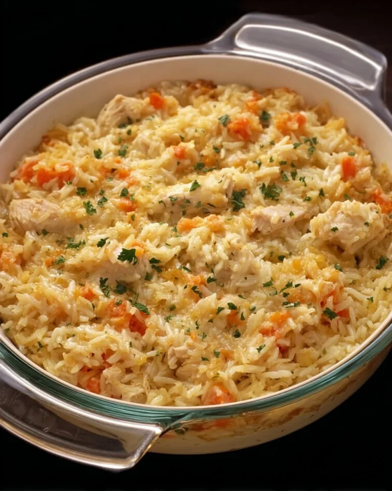 Delicious Chicken and Rice Casserole in a baking dish, ready to serve.