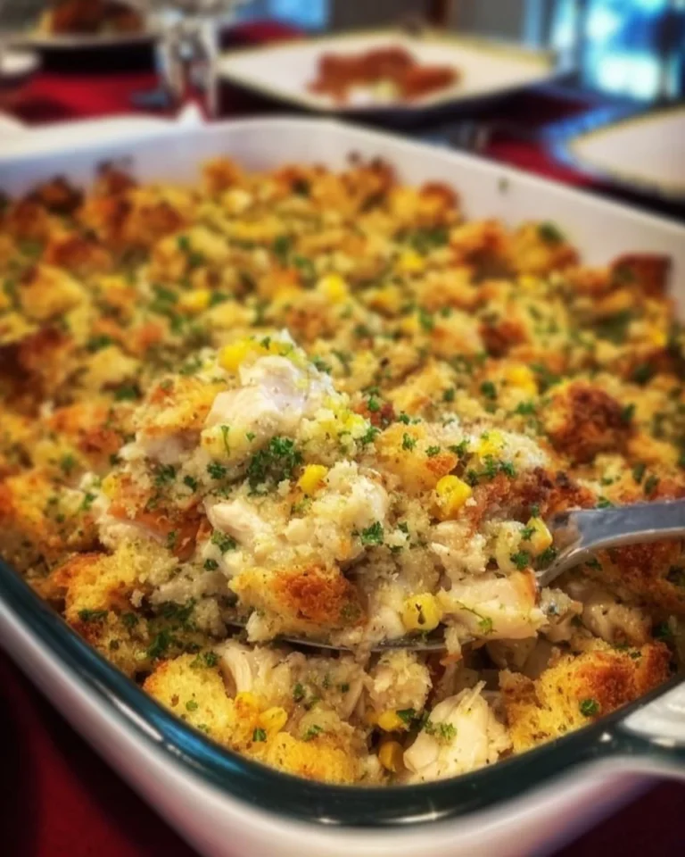 Delicious Chicken and Stuffing Casserole baked in a dish ready to serve