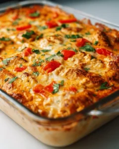 Delicious Chicken Fajita Casserole served in a ceramic dish