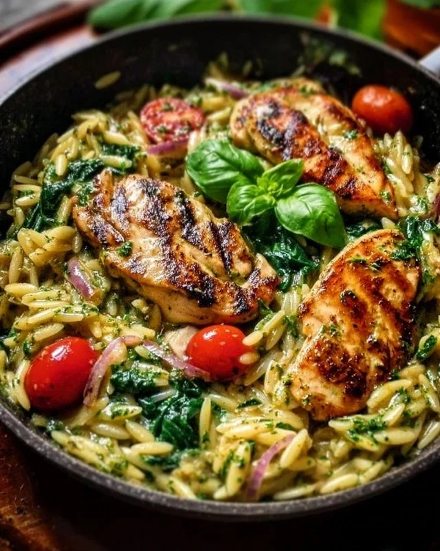 Chicken Orzo with Spinach and Cherry Tomatoes dish garnished with herbs
