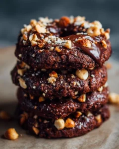 Plate of Chocolate Hazelnut Crunch Cookies with hazelnuts and chocolate chips