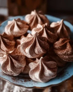 Delicious Chocolate Meringue cookies topped with chocolate shavings on a plate.