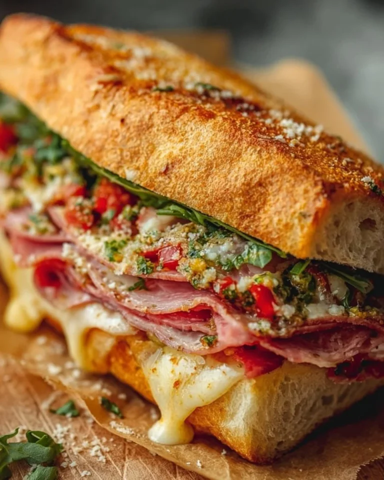 Chopped Italian sandwich with fresh ingredients and herbs on a rustic platter.