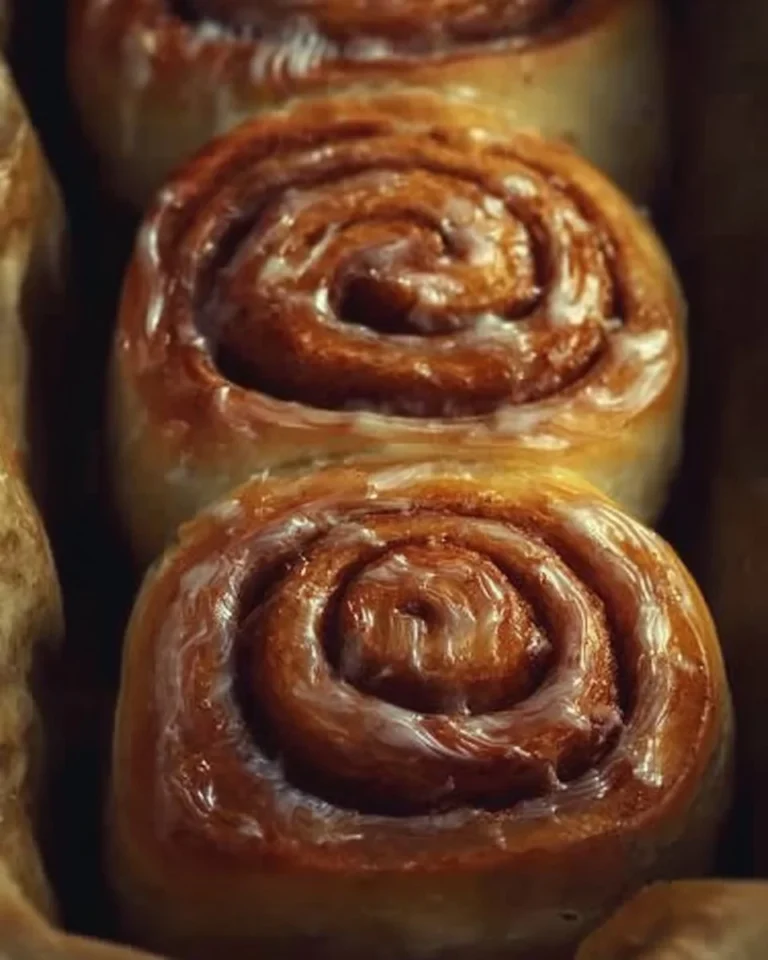 Freshly baked cinnamon rolls drizzled with icing, warm and fluffy.