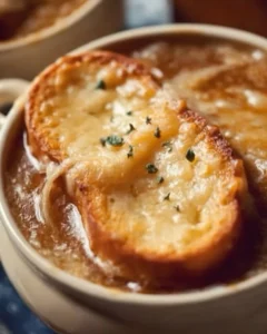 A bowl of classic French onion soup topped with cheese and fresh herbs.