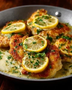 Delicious Lemon Chicken Romano served with lemon slices and herbs