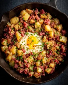Plate of corned beef hash with eggs, served for breakfast