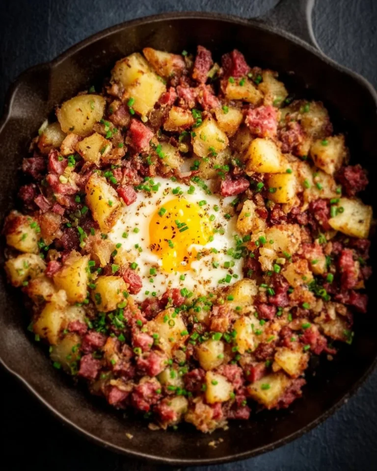 Plate of corned beef hash with eggs, served for breakfast