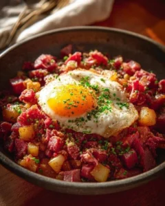 Delicious corned beef hash served with eggs on a plate
