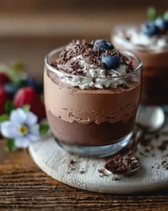 Delicious cottage cheese chocolate mousse in a dessert glass