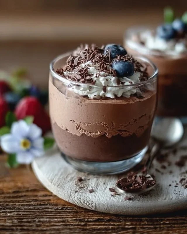 Delicious cottage cheese chocolate mousse in a dessert glass