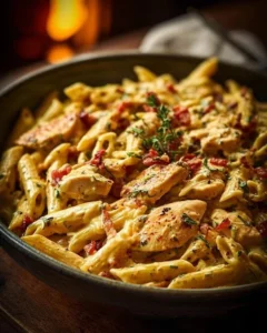 Creamy Crack Chicken Penne pasta dish with herbs and spices
