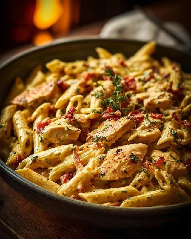 Creamy Crack Chicken Penne pasta dish with herbs and spices