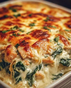 Creamy chicken and spinach casserole topped with cheese, a delicious comfort meal.