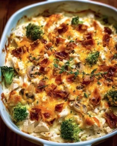 Creamy low carb chicken casserole dish with cheese and vegetables