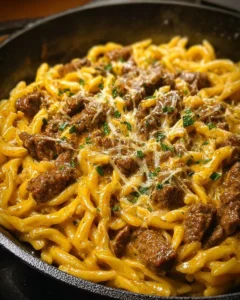 Creamy one-pot beef pasta with garlic butter garnished with herbs