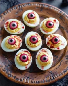 Spooky eyeball deviled eggs garnished for Halloween party