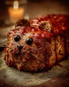 A creepy mouse meatloaf shaped like a mouse for Halloween gathering.