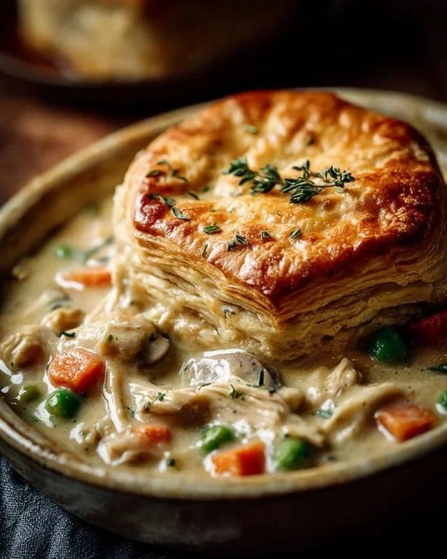 Delicious Crock Pot Chicken Pot Pie in a ceramic dish