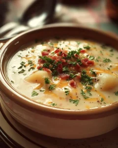 Bowl of creamy Crock Pot Crack Potato Soup garnished with green onions and bacon.