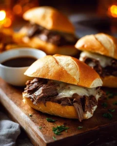 Crock Pot French Dip Sandwiches served with au jus for dipping