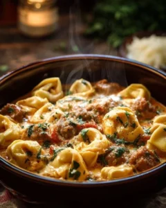 Crockpot Cheese Tortellini and Sausage in a creamy sauce