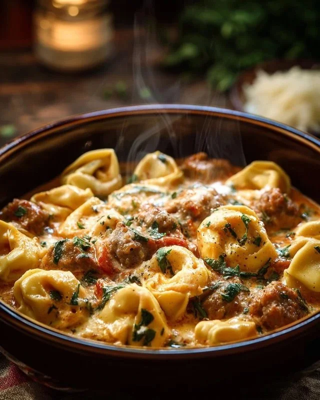 Crockpot Cheese Tortellini and Sausage in a creamy sauce