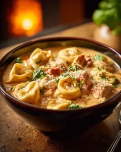 CrockPot Chicken Tortellini in a bowl with fresh herbs garnished on top