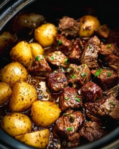Delicious Crockpot Garlic Butter Beef Bites served with tender potatoes
