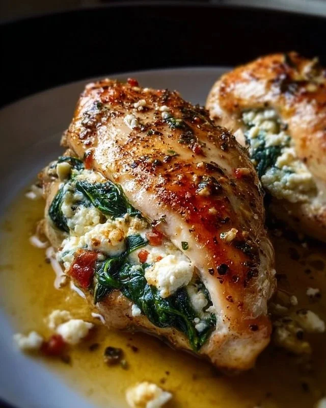 Spinach feta stuffed chicken plated with fresh vegetables