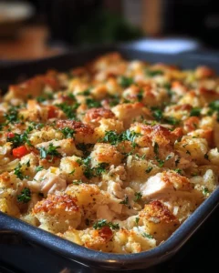Dolly's delicious chicken and stuffing casserole served in a baking dish