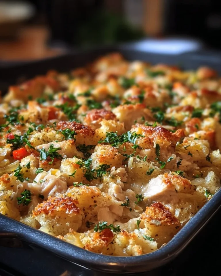 Dolly's delicious chicken and stuffing casserole served in a baking dish