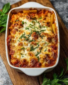 Dump-and-bake chicken parmesan casserole with cheese and pasta