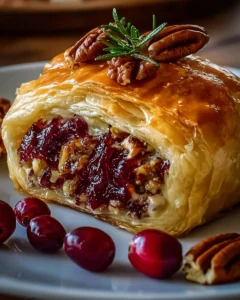 Cranberry pecan brie wrapped in golden puff pastry, served as a delicious appetizer.