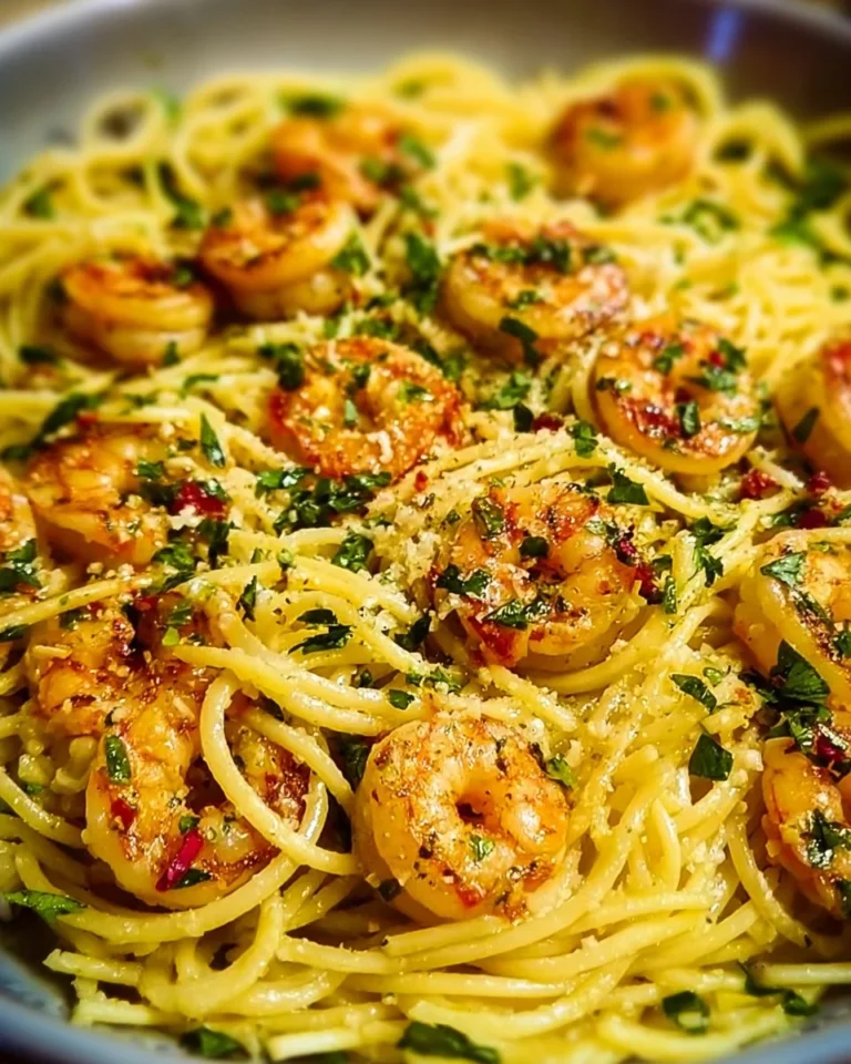 Plate of easy garlic shrimp pasta with herbs and parmesan cheese