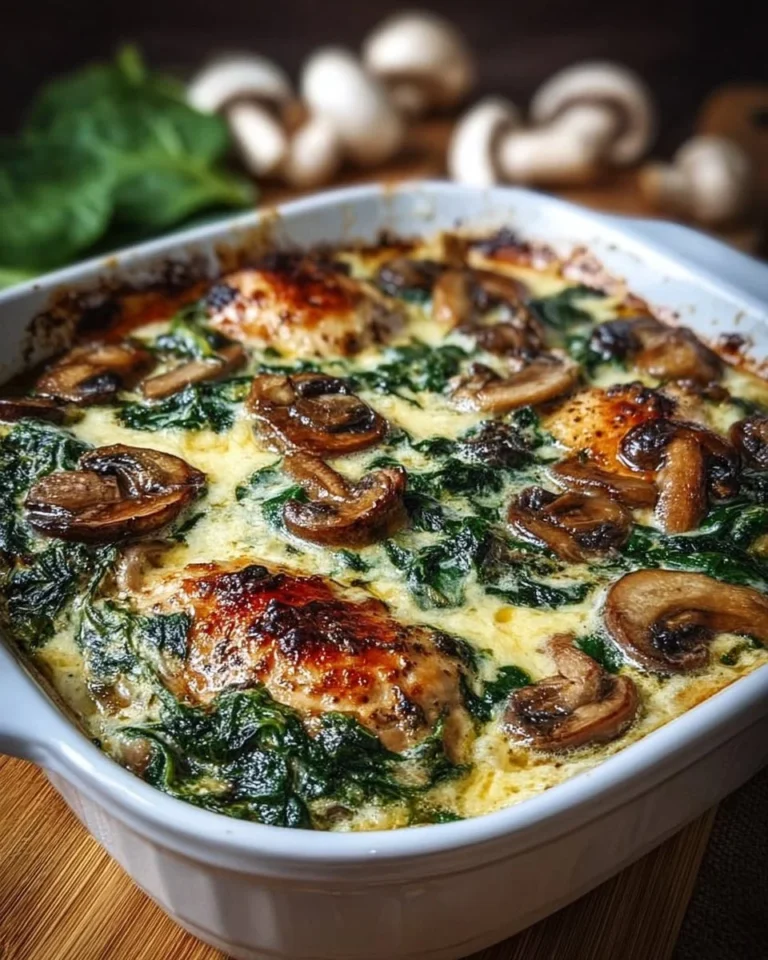 Low-carb chicken bake with spinach and mushrooms on a plate