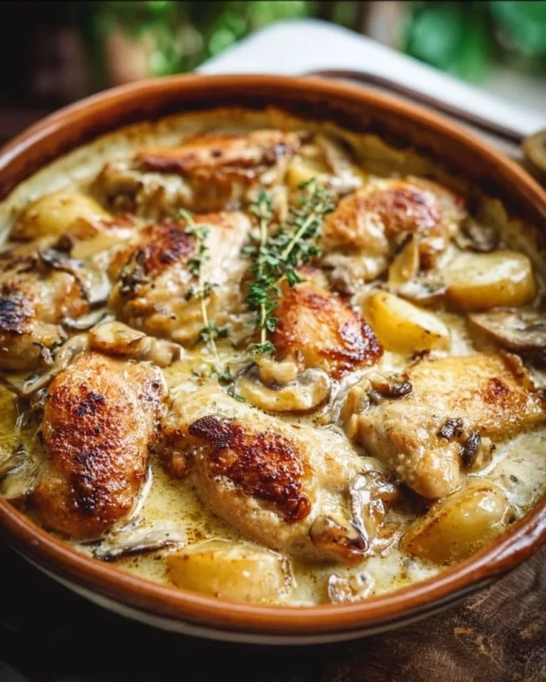 Deliciously baked French chicken casserole with herbs and vegetables