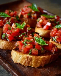 Plate of fresh bruschetta topped with tomatoes and basil