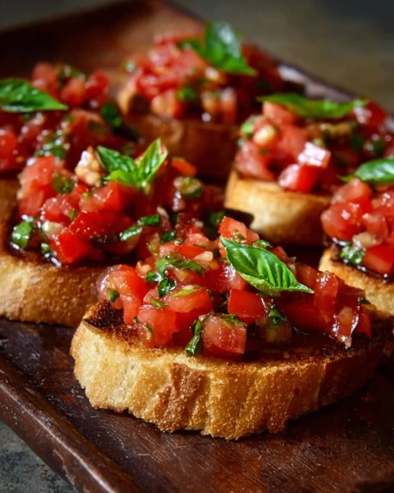 Plate of fresh bruschetta topped with tomatoes and basil