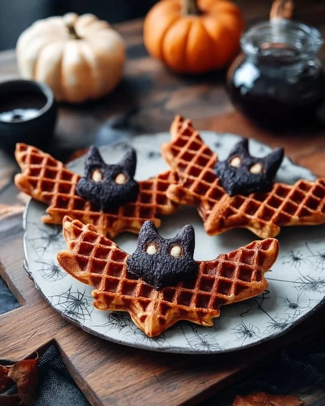 Delicious bat-shaped Halloween waffles on a festive plate for kids' parties.