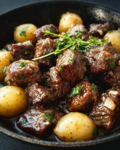 Delicious Garlic Butter Beef Bites served with tender potatoes