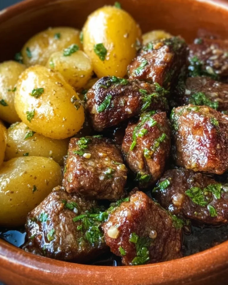 Delicious Garlic Butter Beef Bites served with golden roasted potatoes