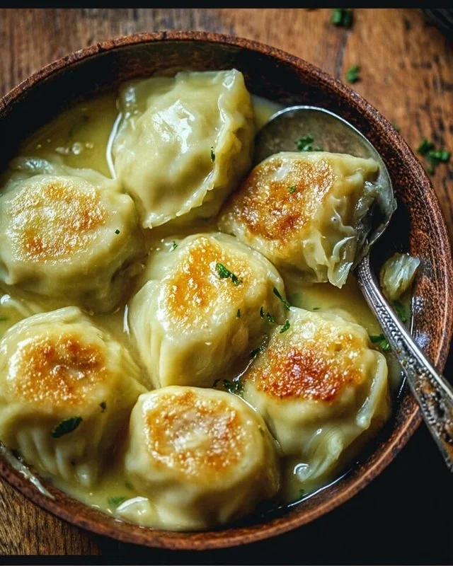 Plate of German cabbage dumplings garnished with fresh herbs