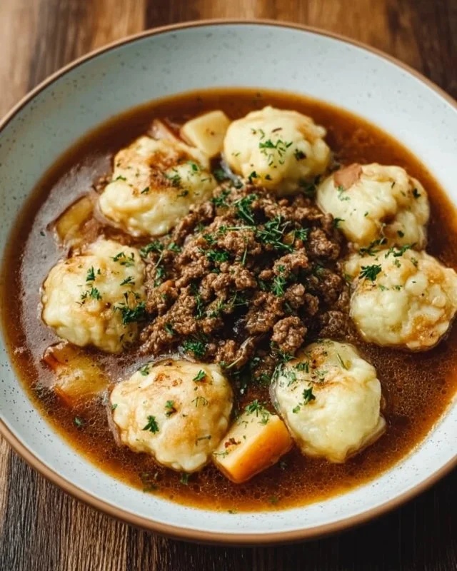 Delicious ground beef and dumplings served in a bowl.