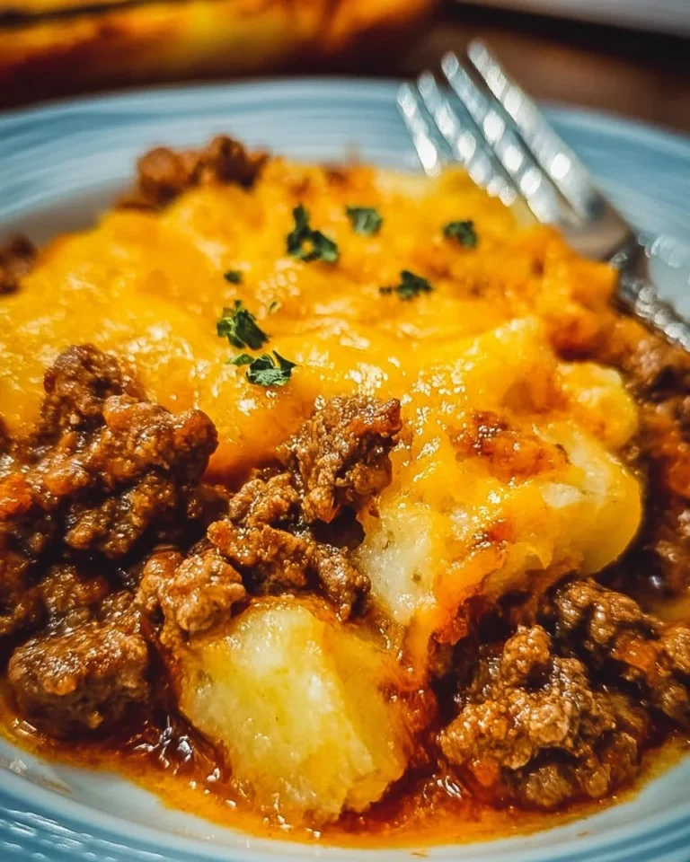 Delicious Ground Beef Hobo Casserole served in a rustic dish